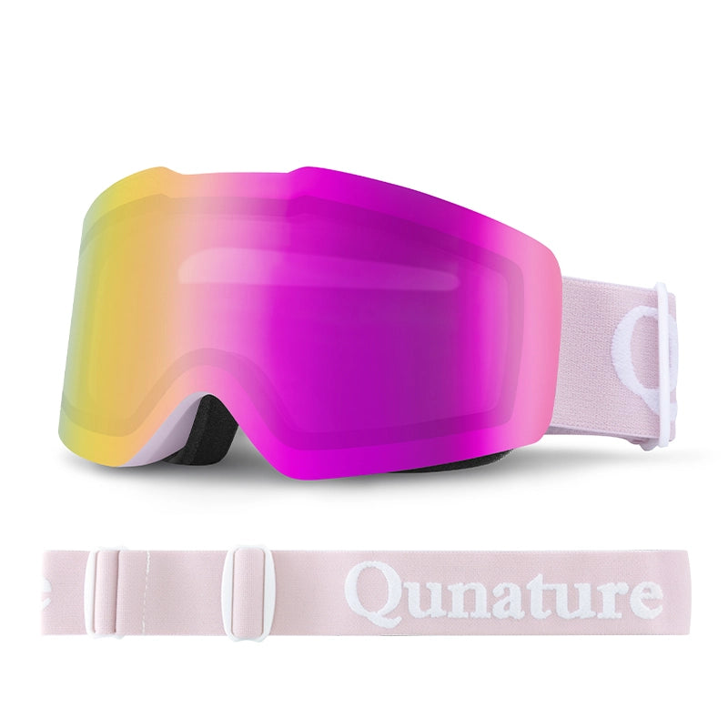 A pair of frameless red anti-fog ski goggles with pink straps