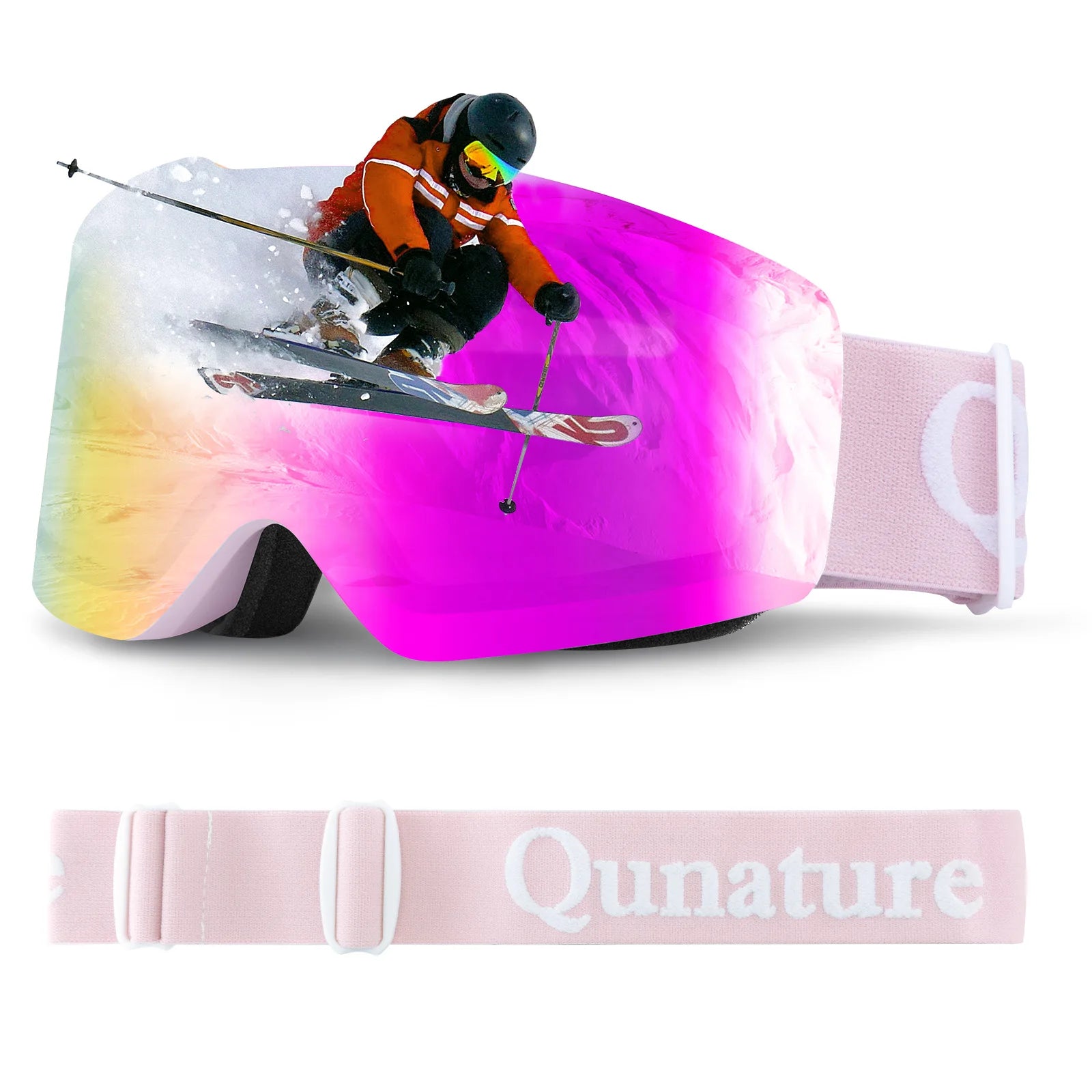 Ski goggles with a colorful lens and pink strap displaying 'Qunature' on a white background.