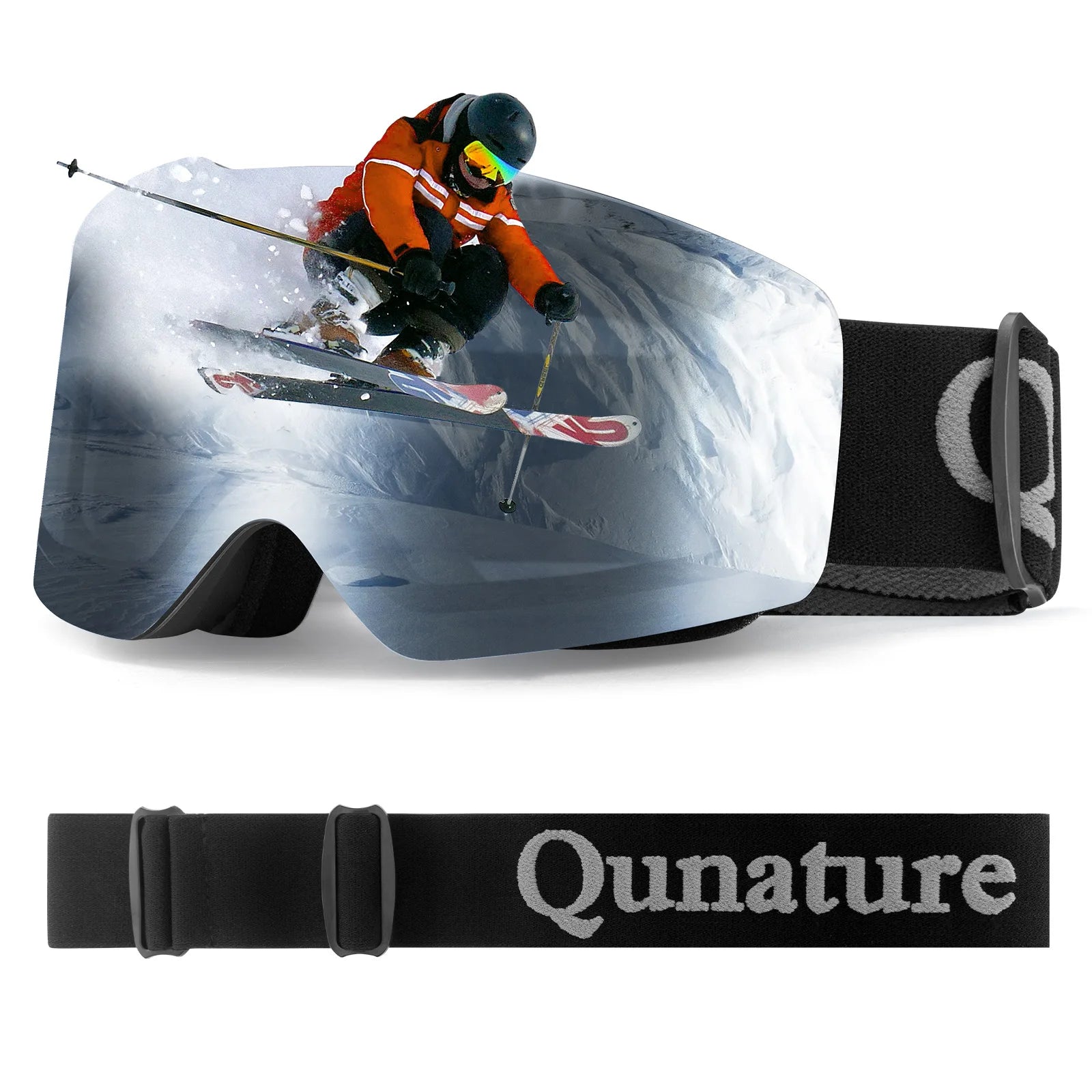 One frameless silver anti-fog ski goggles with a black strap