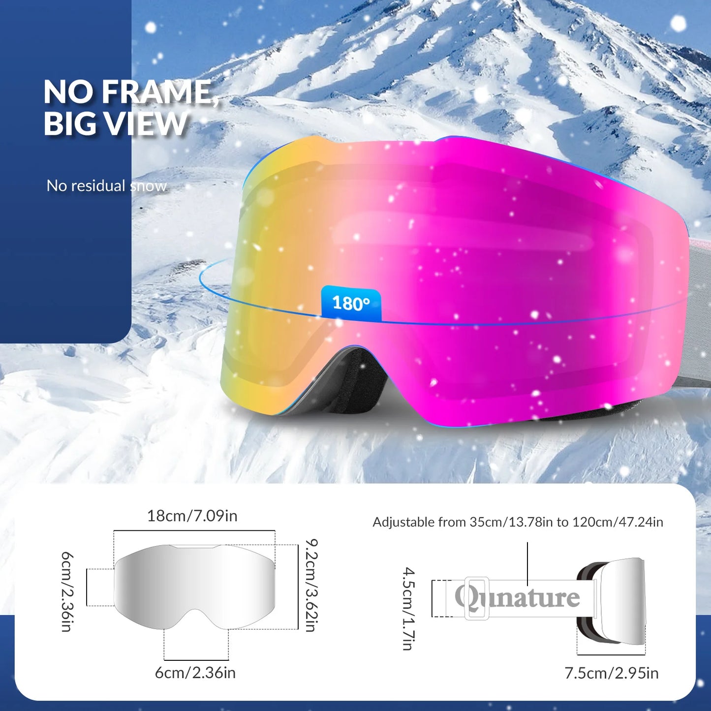 Colorful ski goggles with a mountain background and product details.
