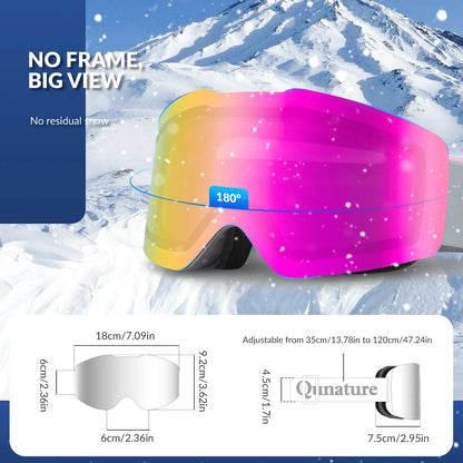 Colorful ski goggles with a mountain background and product details.