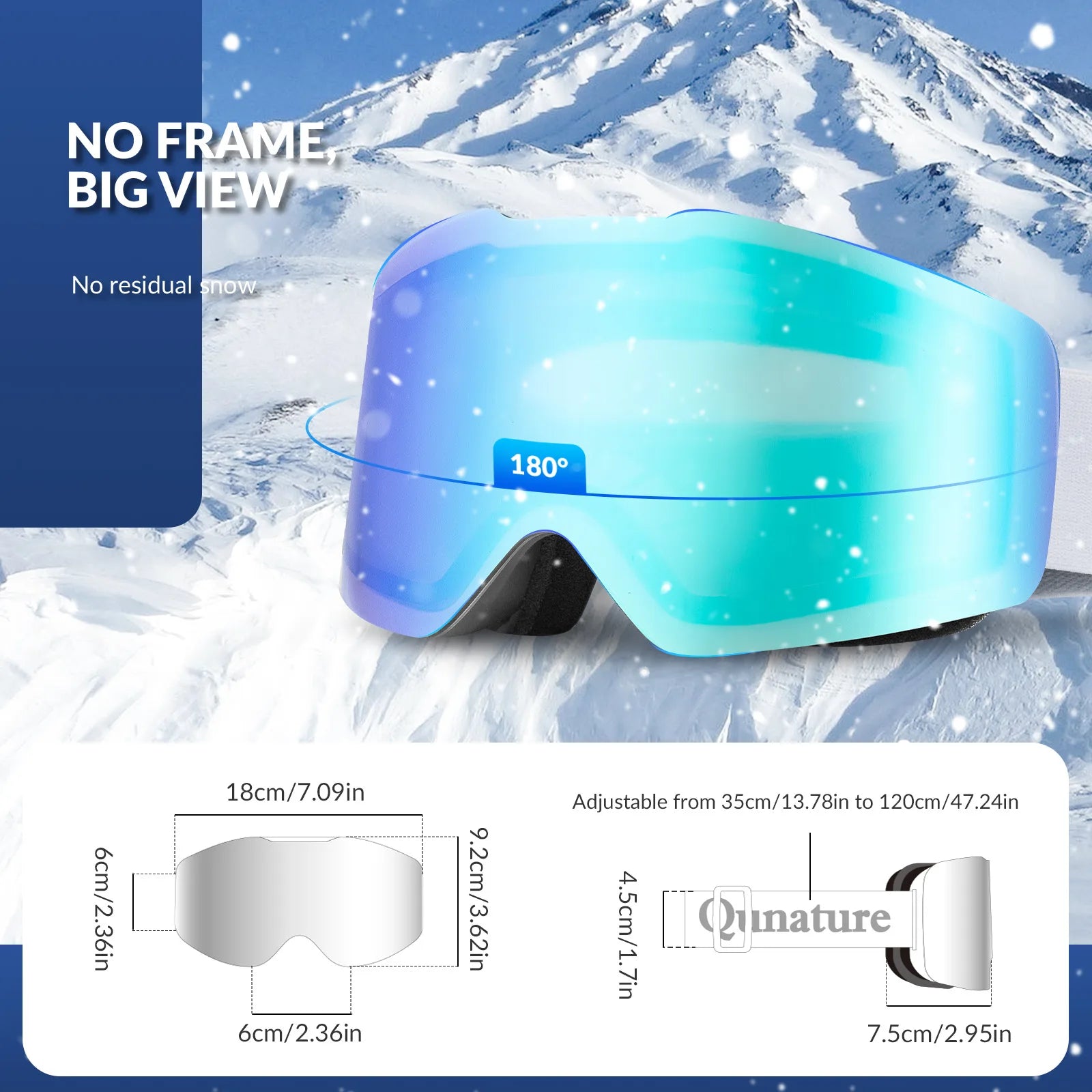 Teal ski goggles with measurements and brand name on a snowy mountain background