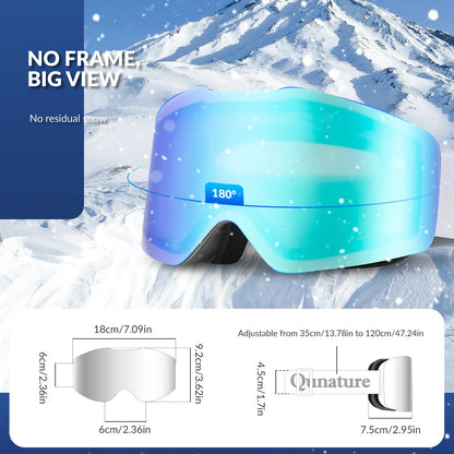 Teal ski goggles with measurements and brand name on a snowy mountain background