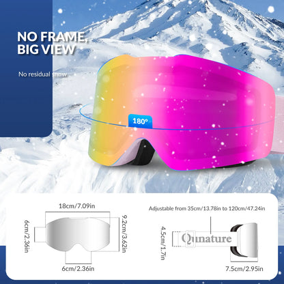 Colorful ski goggles with a mountain background, featuring the brand 'Qunature'.