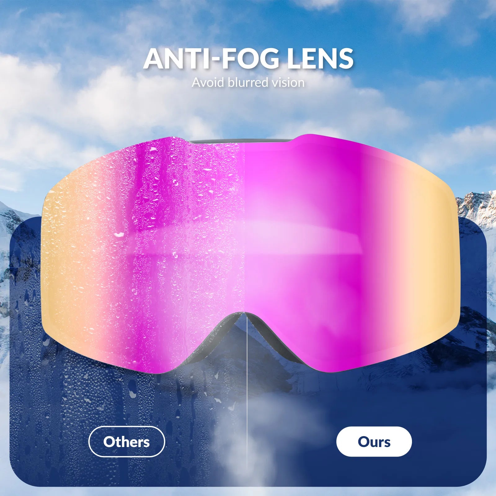 Ski goggles with anti-foog lens feature against a snowy mountain background