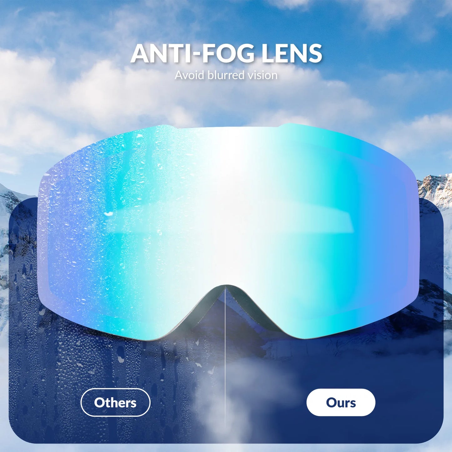 Anti-foog lens for goggles with a snowy mountain background