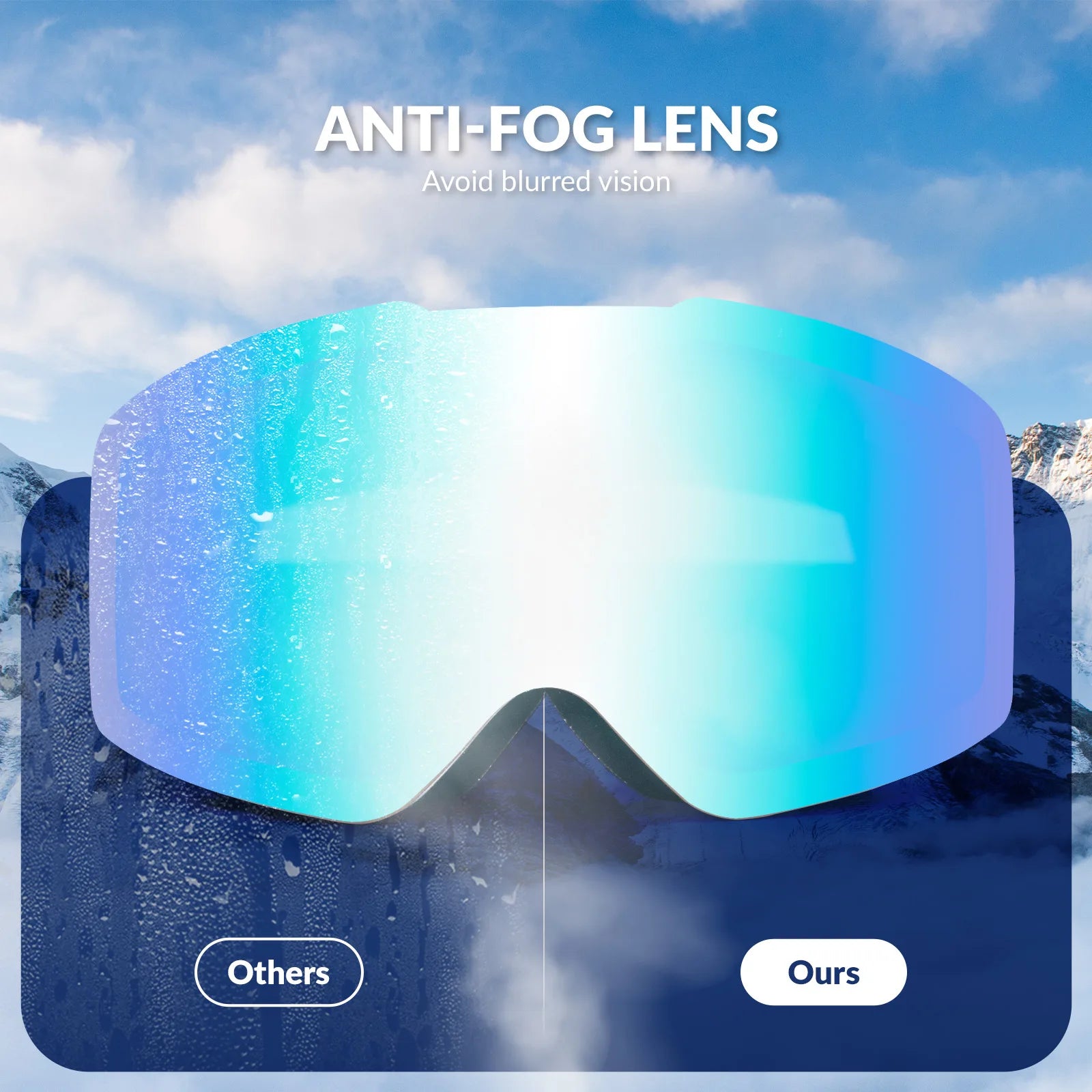 Anti-foog lens for goggles with a snowy mountain background