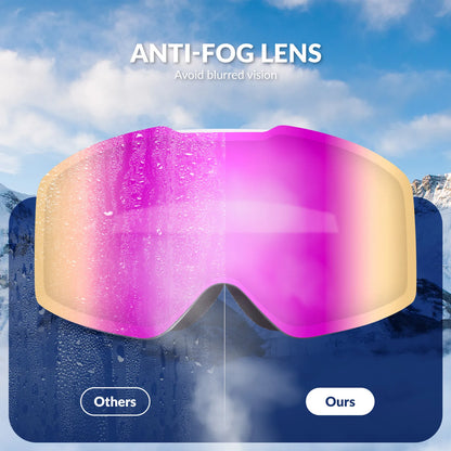 Anti-foog lens on a ski goggles with a snowy mountain background