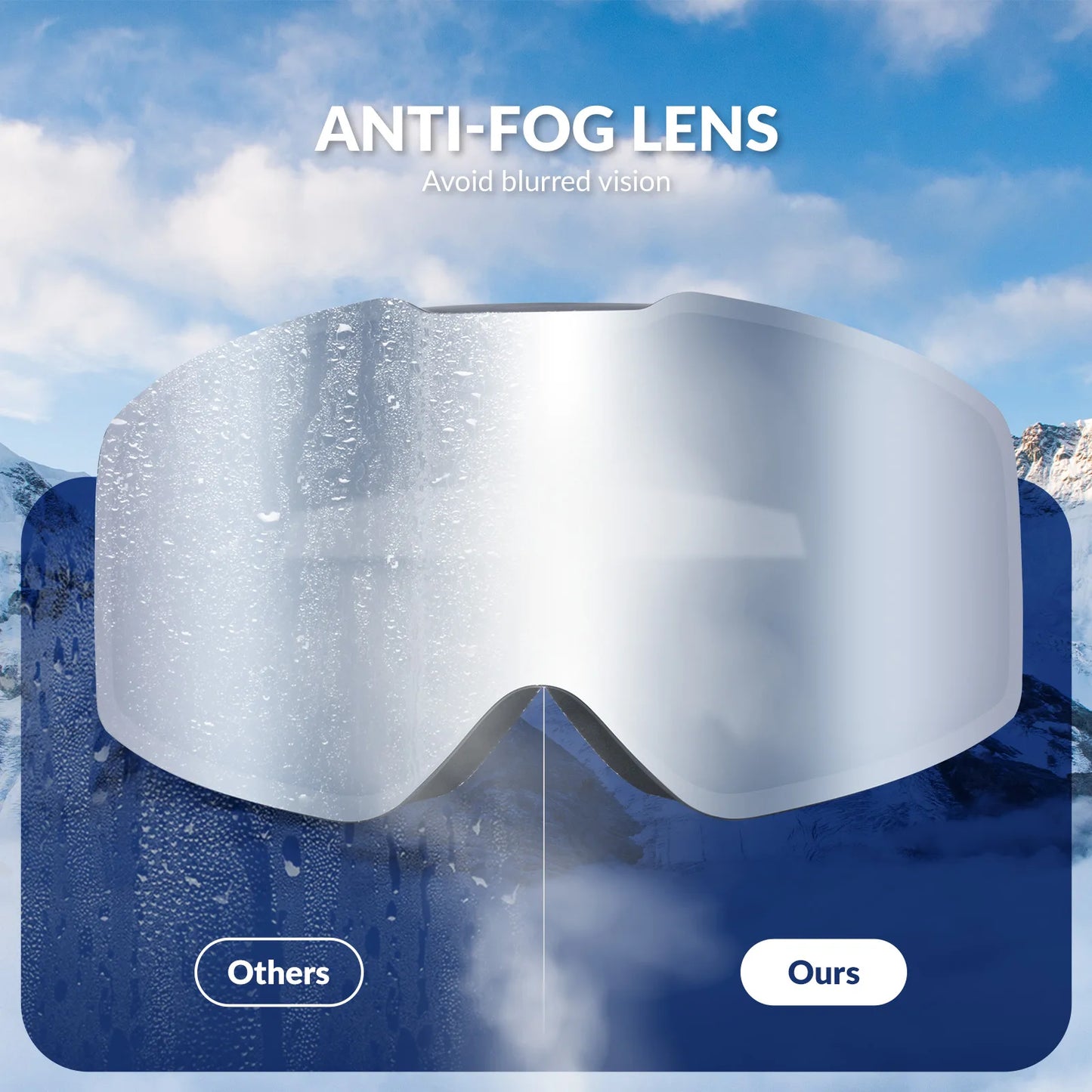 Ski goggles with anti-foog lens feature against a snowy mountain background