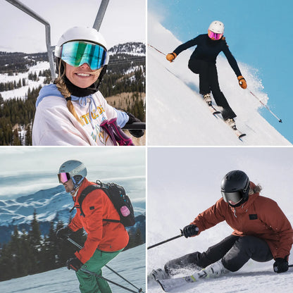 2 girls wearing frameless red anti-fog ski goggles and 2 boys wearing frameless blue anti-fog ski goggles