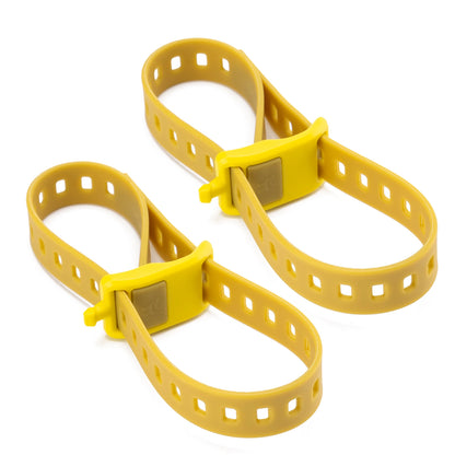 Two yellow plastic straps with metal clasps on a white background