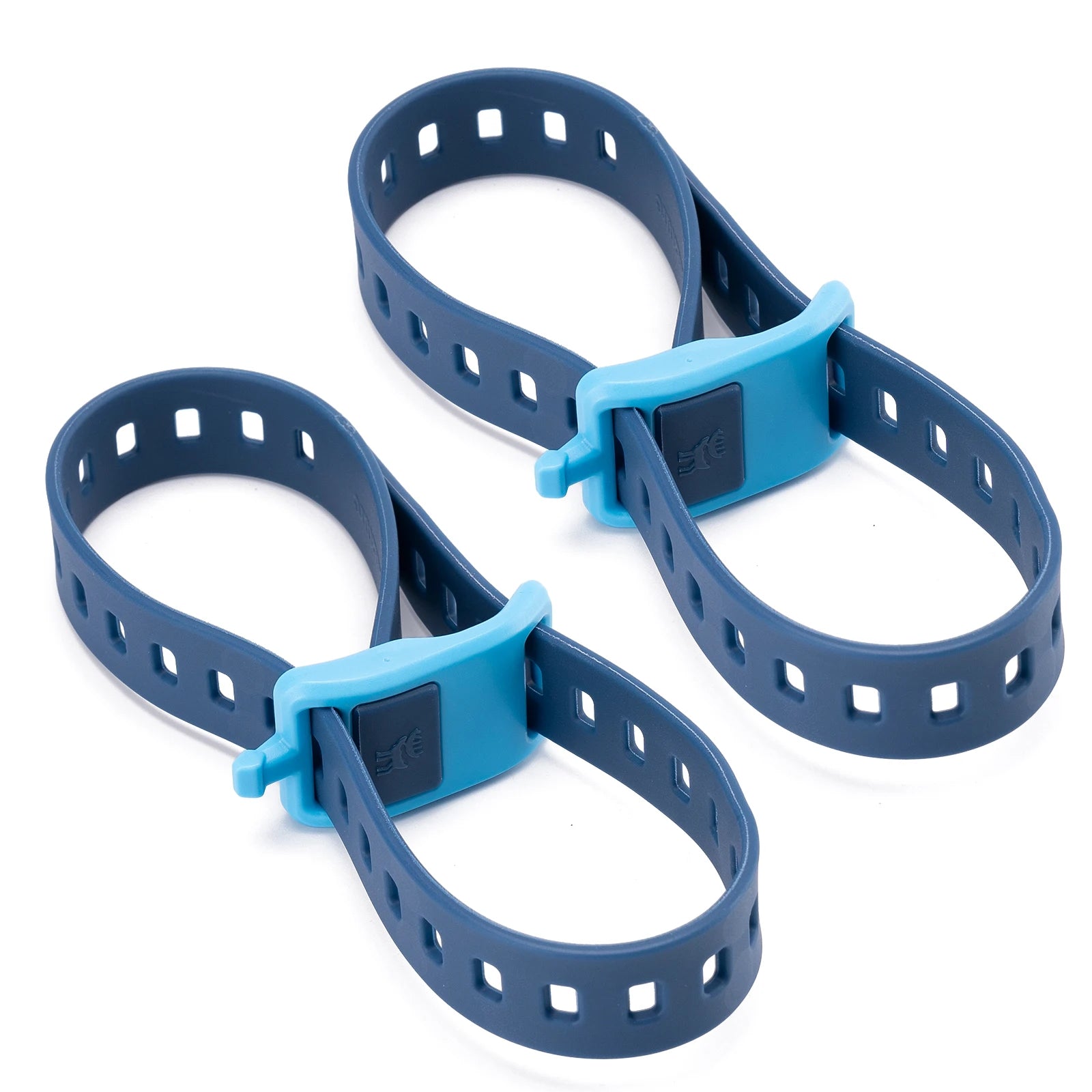 Two blue plastic straps with a buckle on a white background
