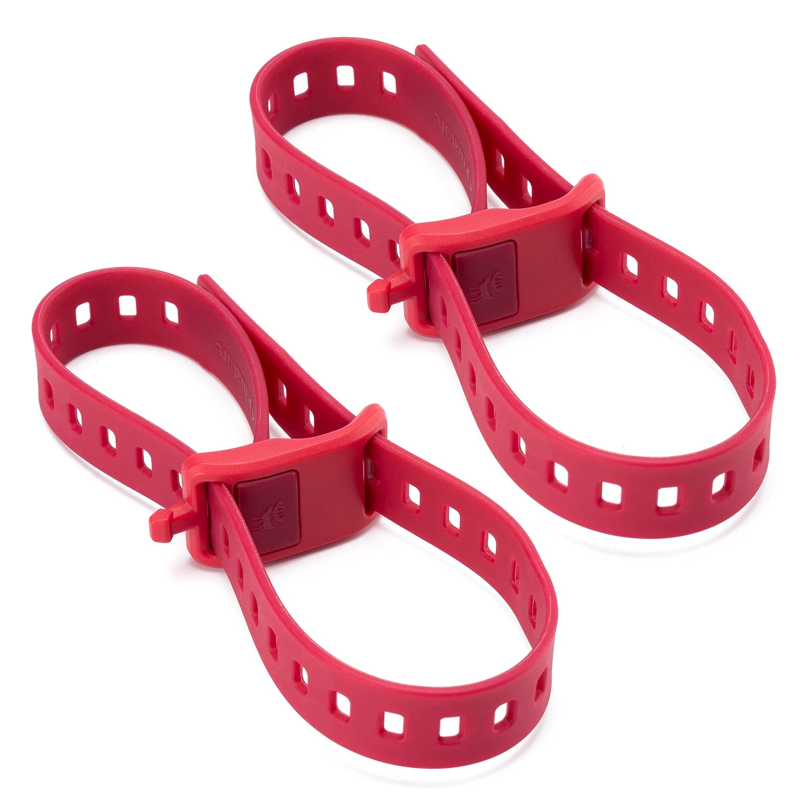 Two red plastic straps with a buckle on a white background