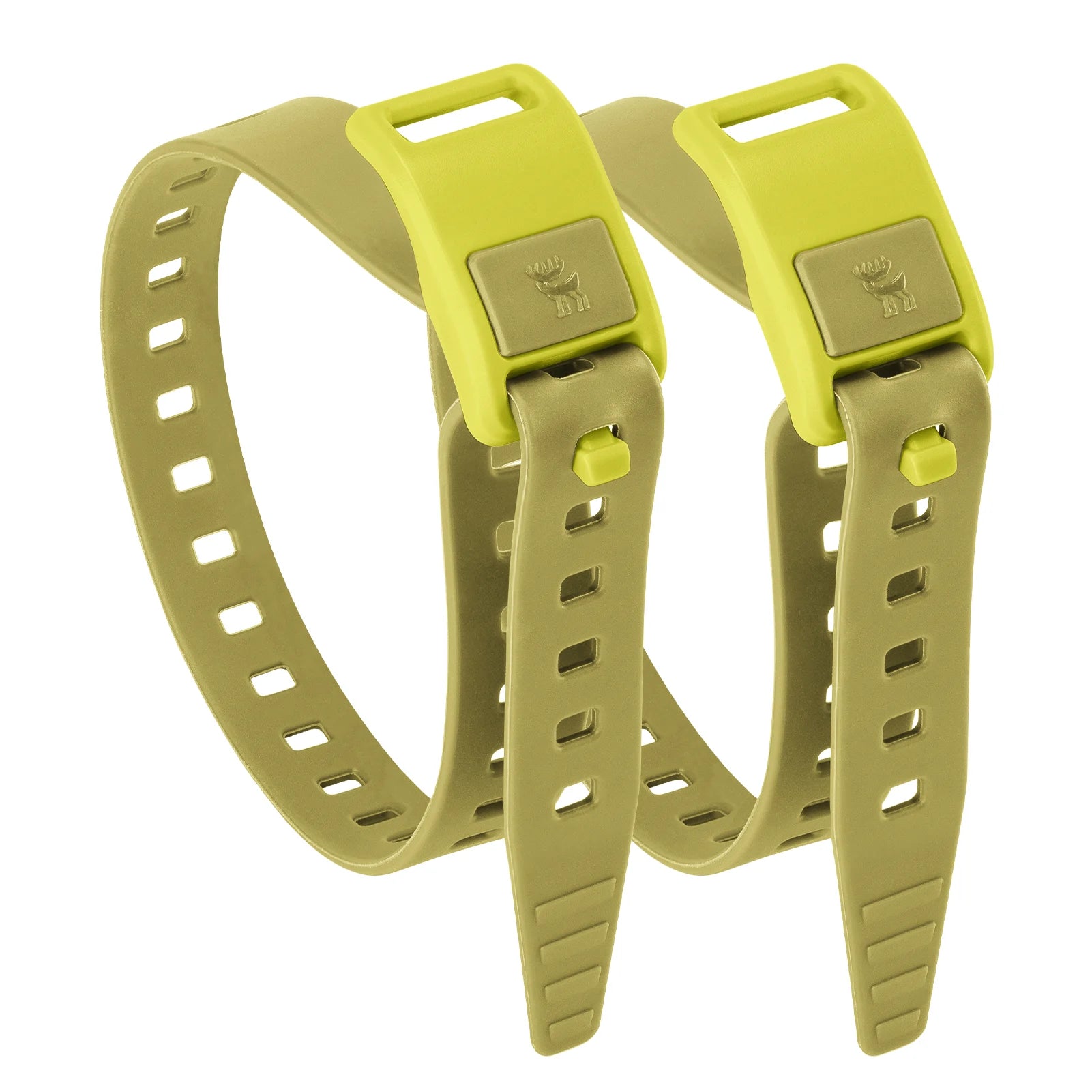 Two green straps with a brand logo on a white background