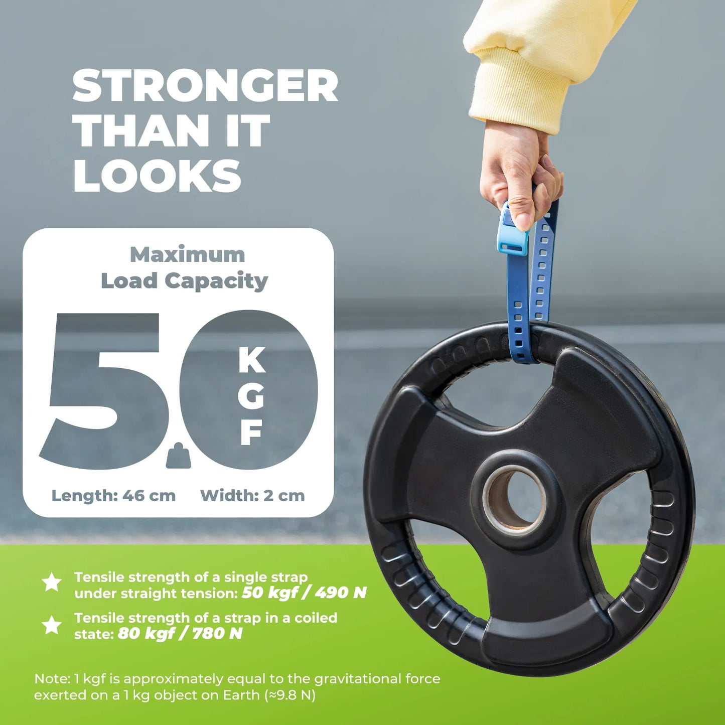 Weight plate with a strap and text about load capacity on a gray background