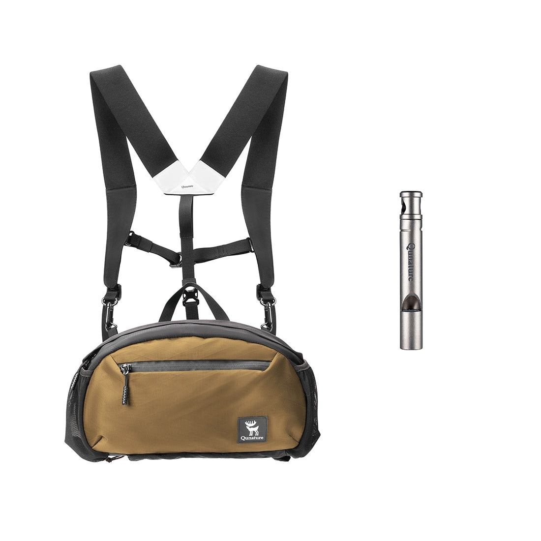 Brown tactical bag with black straps and a flashlight on a white background