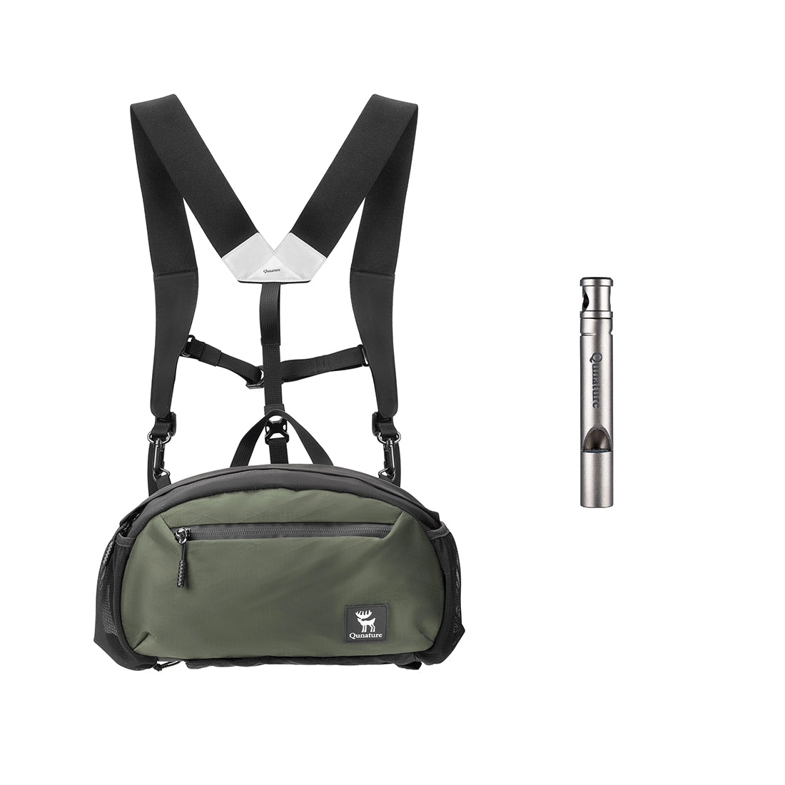 Green backpack with black suspenders and a flashlight on a white background