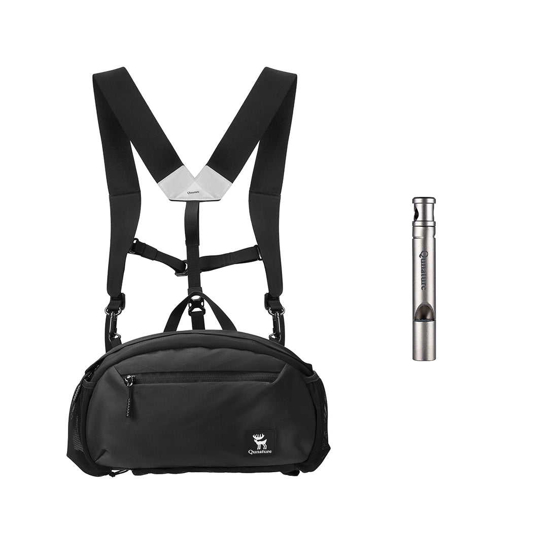 Black backpack with suspenders and a silver flashlight on a white background