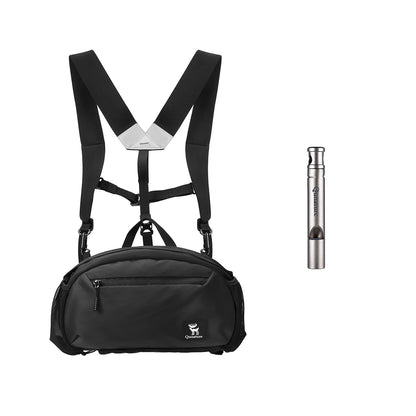 Black backpack with suspenders and a silver flashlight on a white background