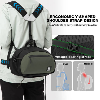 Person wearing a green backpack with ergonomic Y-shaped shoulder strap design, highlighting comfort and pressure-bearing straps.