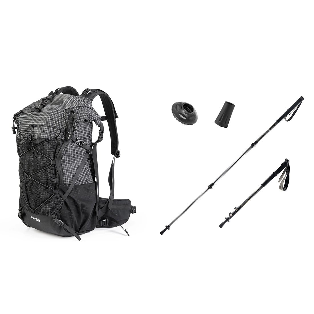 Black hiking backpack with two trekking poles on a white background