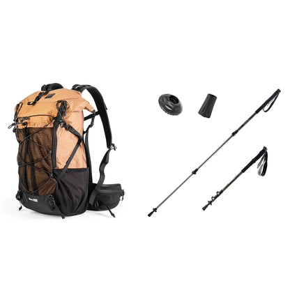 Hiking backpack with two trekking poles on a white background