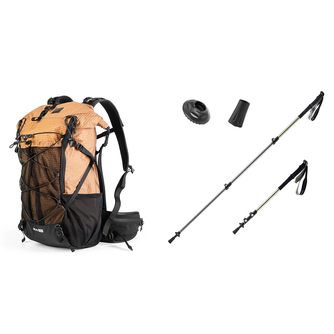 Hiking backpack with two trekking poles on a white background