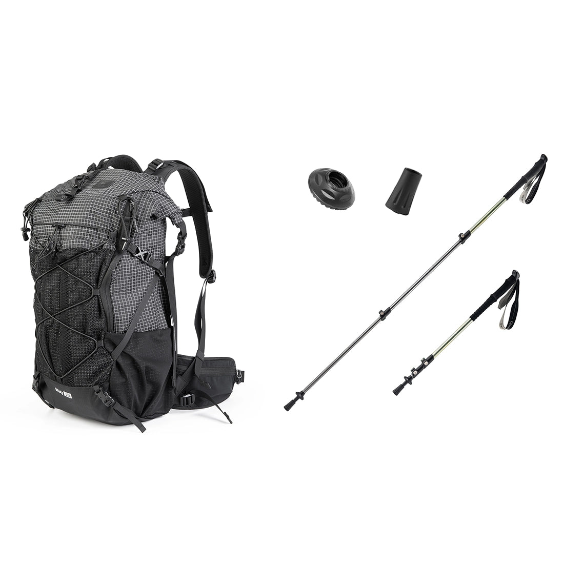 Black hiking backpack with two trekking poles on a white background
