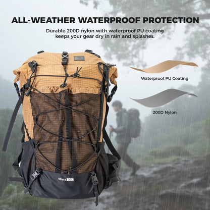 Backpack with all-weather waterproof protection features, showing durability and water resistance.