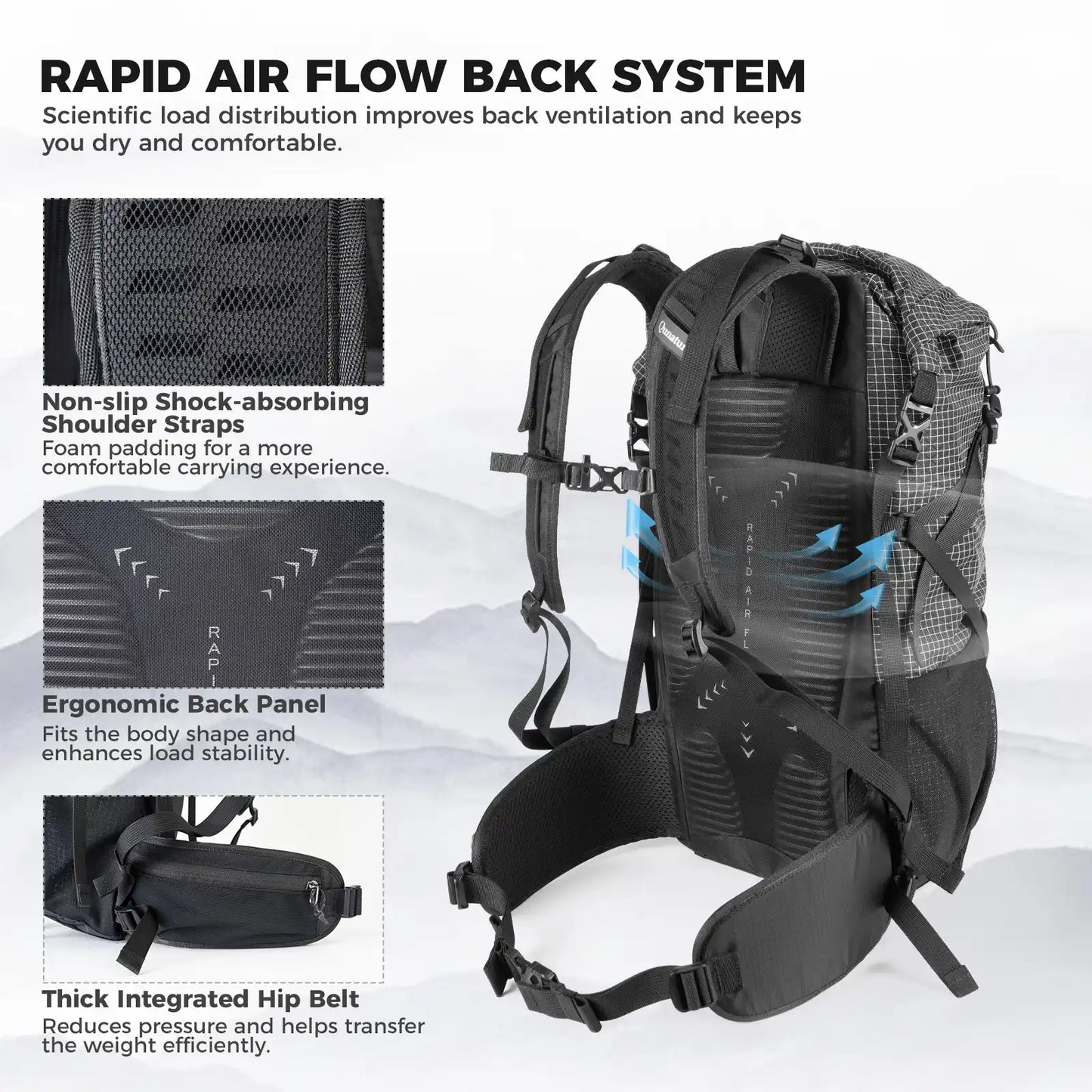 Backpack with rapid air flow back system features on a white background