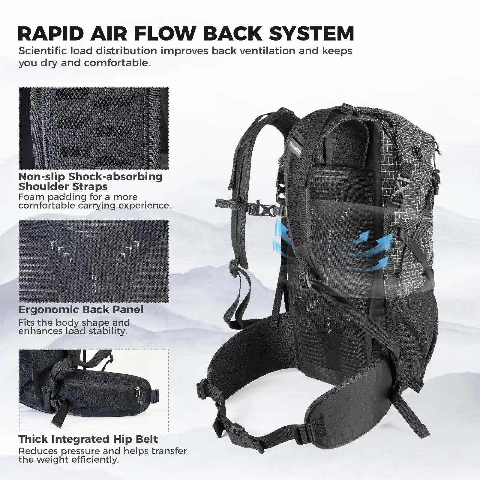 Backpack with rapid air flow back system features on a white background