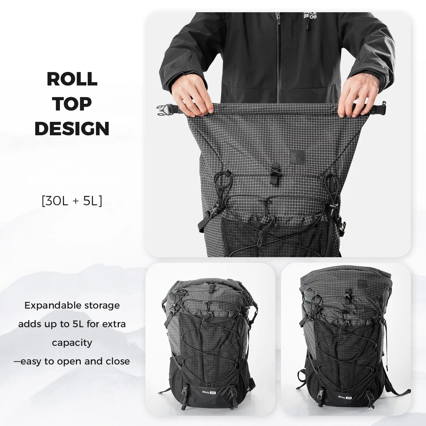 Black backpack with roll top design, expandable storage, and features highlighted on a white background.