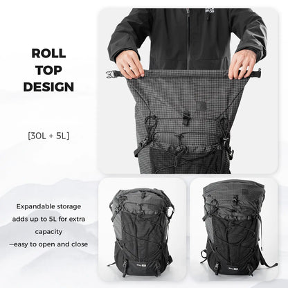 Black backpack with roll top design, expandable storage, and features highlighted on a white background.
