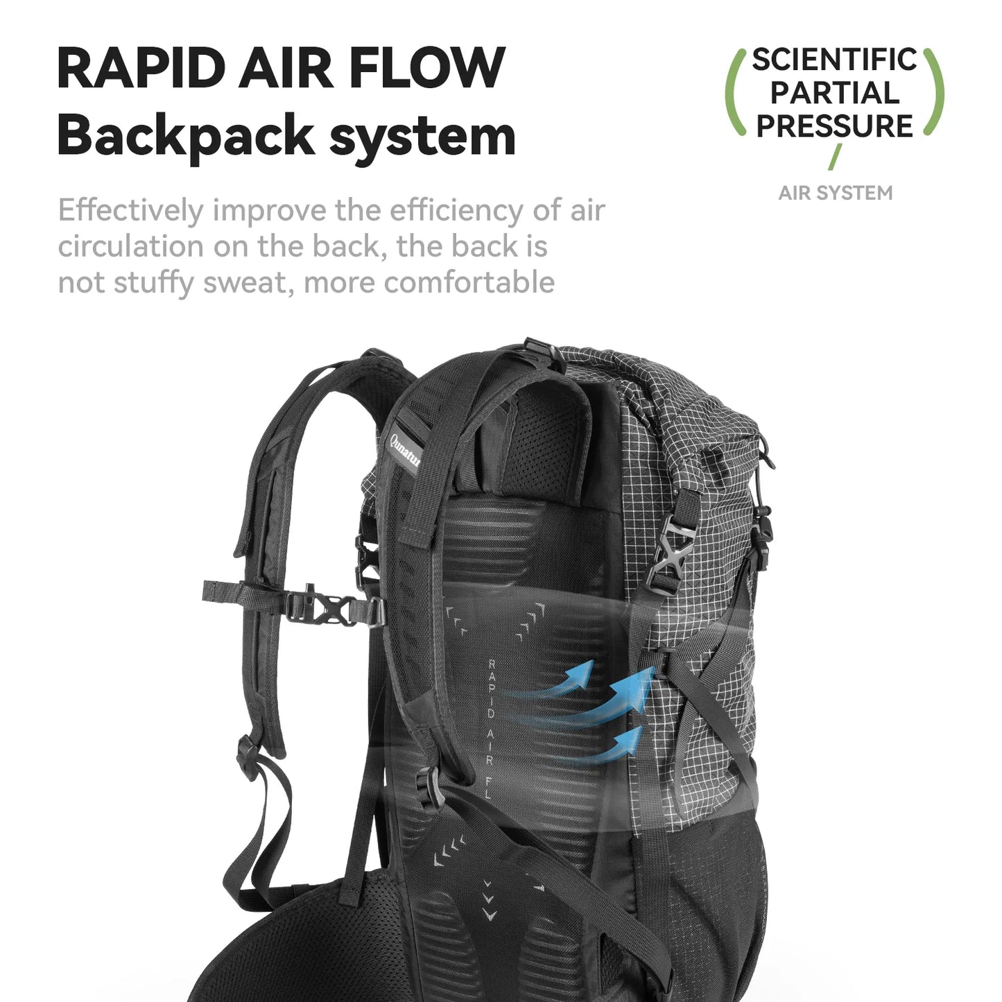 Backpack with rapid air flow system features on a white background