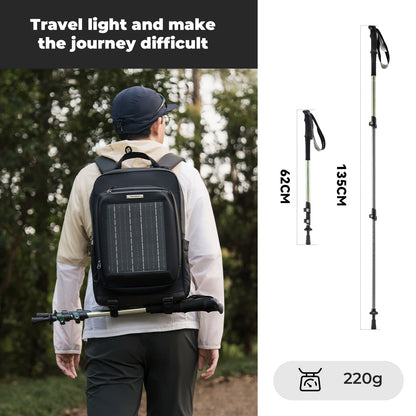 Person wearing a black backpack with solar panel, hiking poles, and measurement details on a white background.