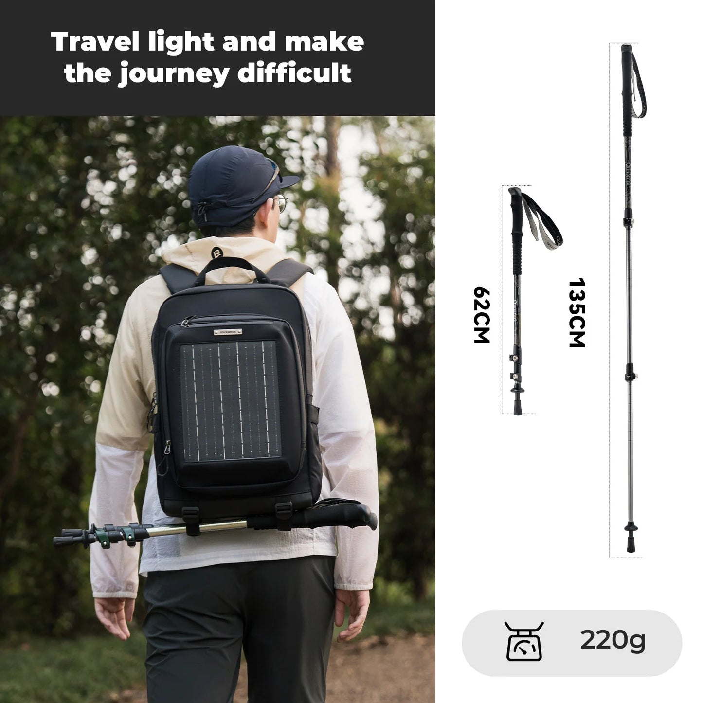Person wearing a black backpack with solar panel, hiking pole, and measurement details on a white background.