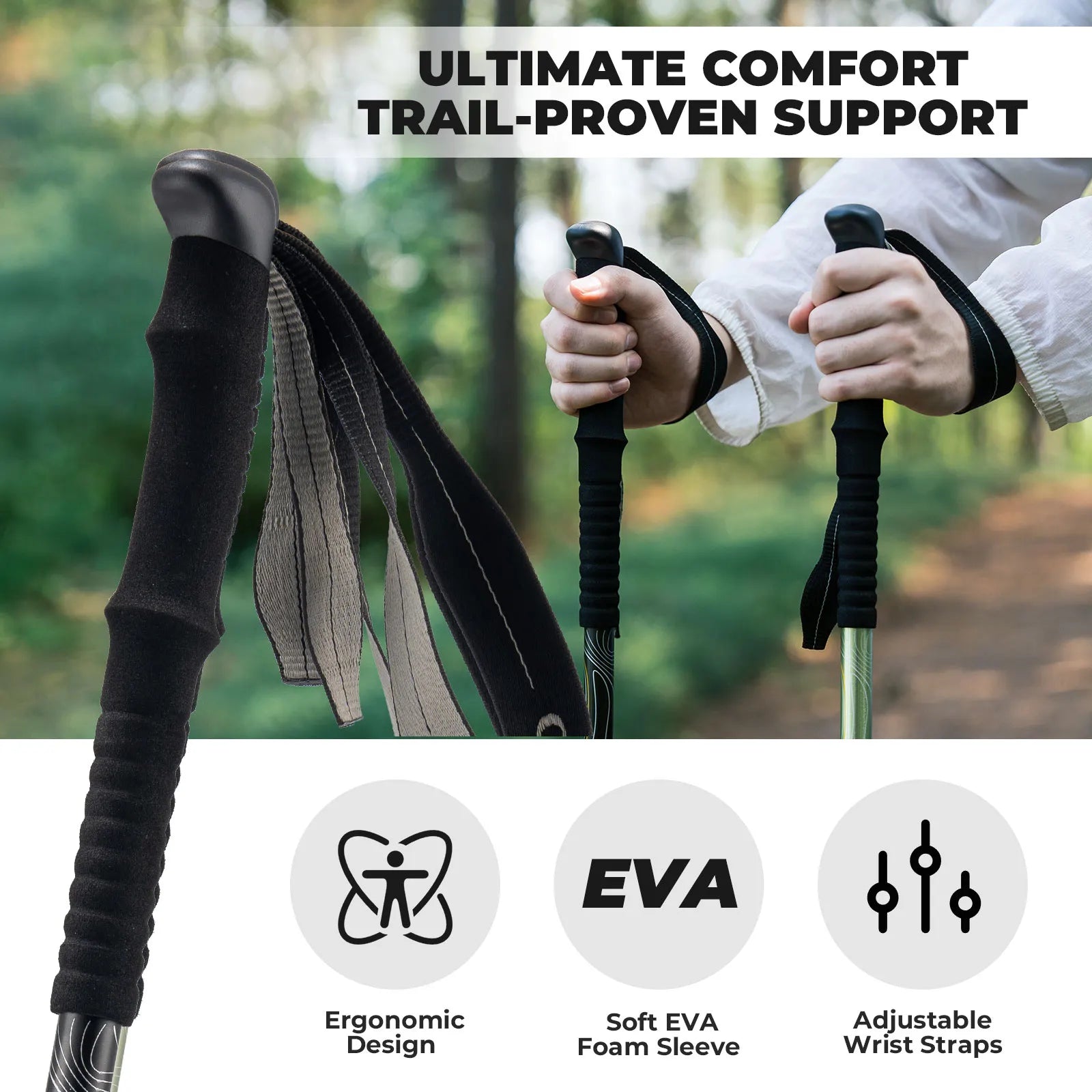 Hiking poles with ergonomic design, soft EVA foam sleeve, and adjustable wrist straps against a blurred forest background.