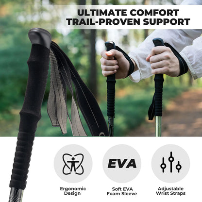 Hiking poles with ergonomic design, soft EVA foam sleeve, and adjustable wrist straps against a blurred forest background.