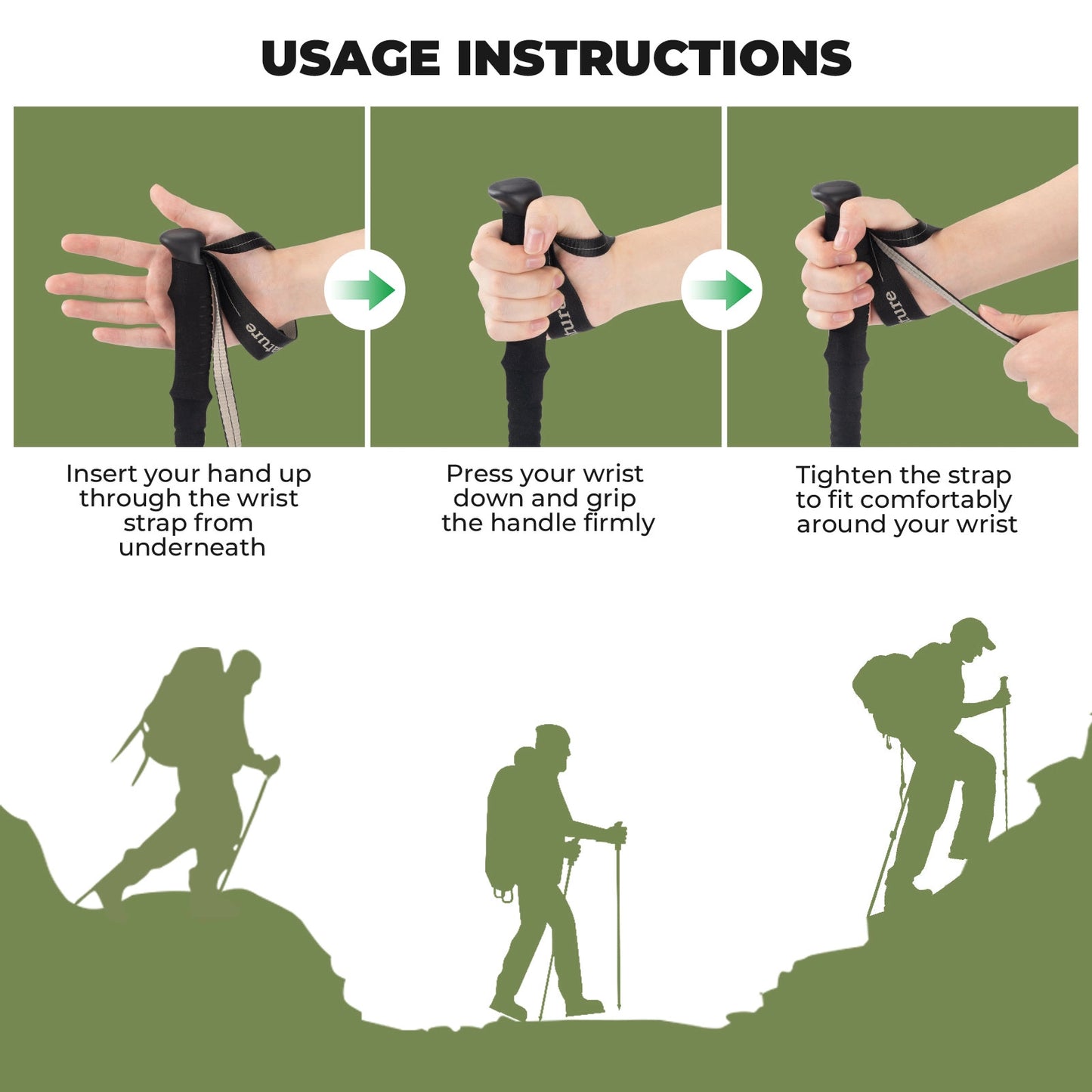 Usage instructions for a hiking wrist strap with illustrations of hands and hikers on a green background.