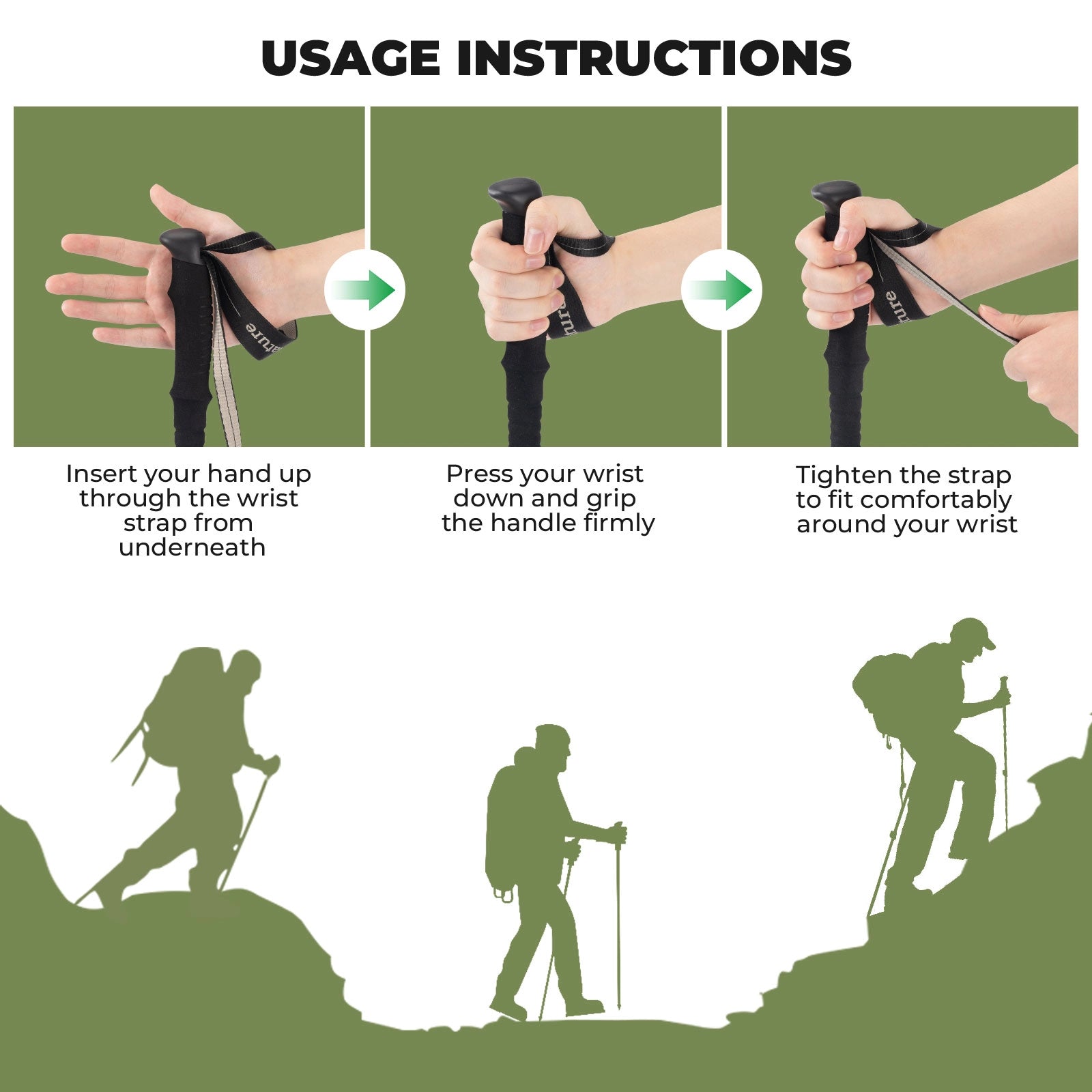 Usage instructions for a hiking wrist strap with illustrations of hands and hikers on a green background.