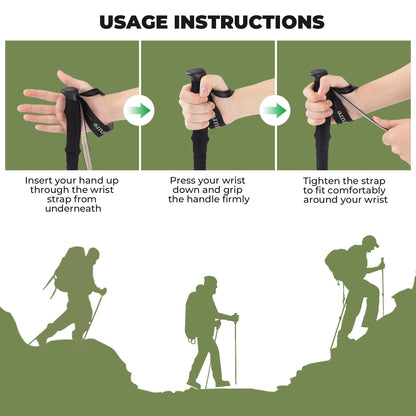 Usage instructions for a hiking wrist strap with illustrations of hands and hikers on a green background.