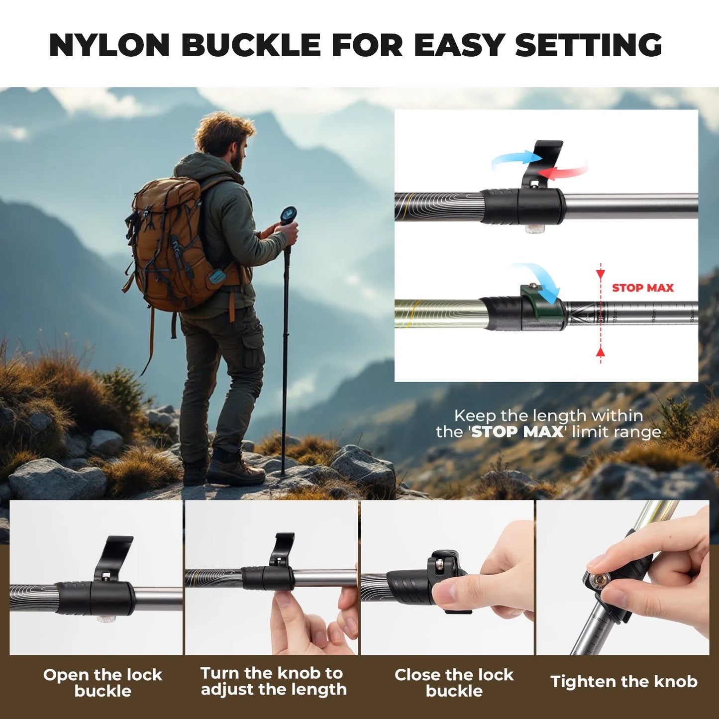 Hiker with trekking poles and backpack in mountainous landscape, with close-up instructions on using a nylon buckle.