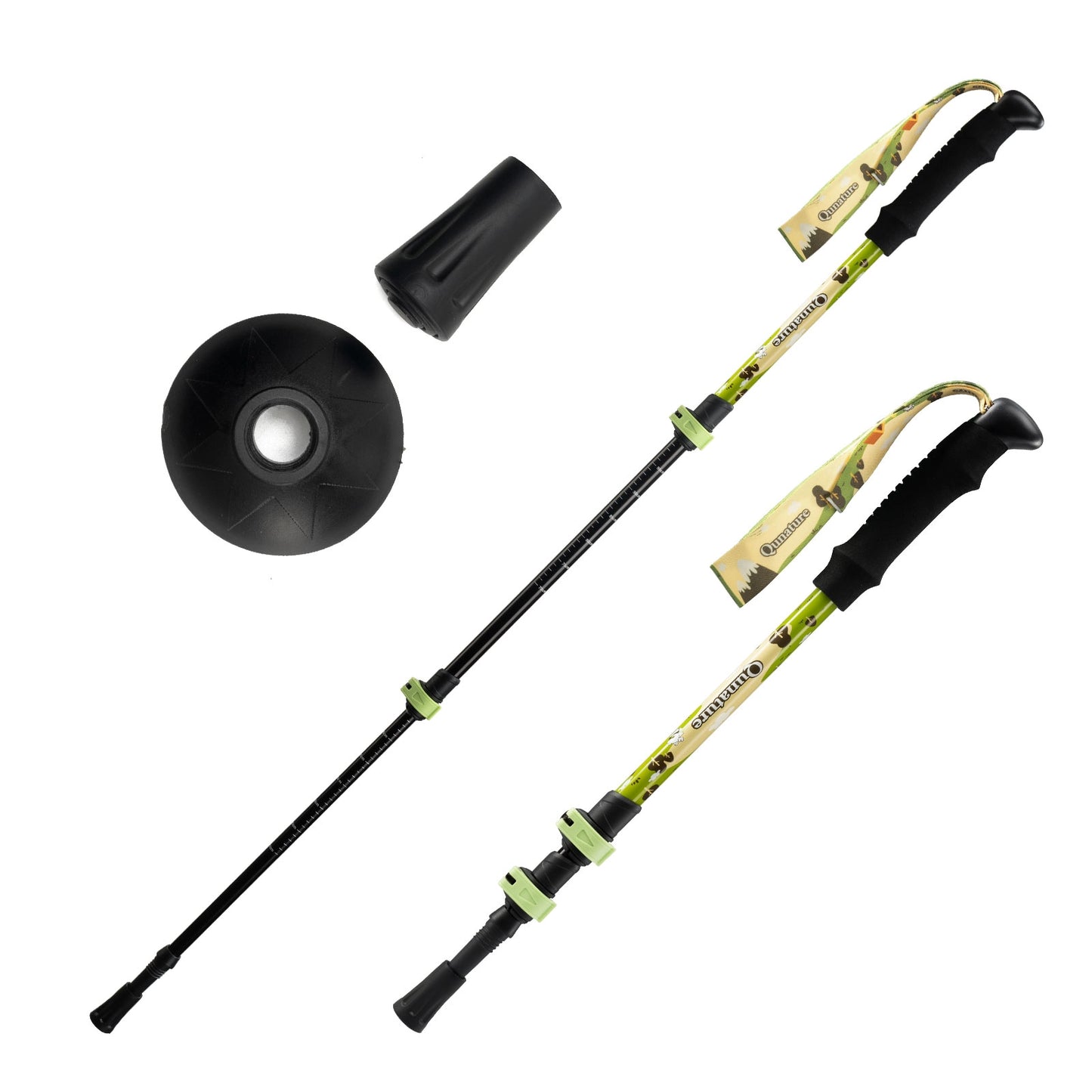 Two hiking poles with camouflage grips and black ferrules on a white background