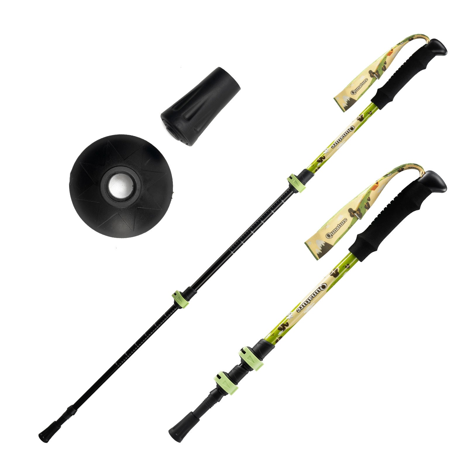 Two hiking poles with camouflage grips and black ferrules on a white background