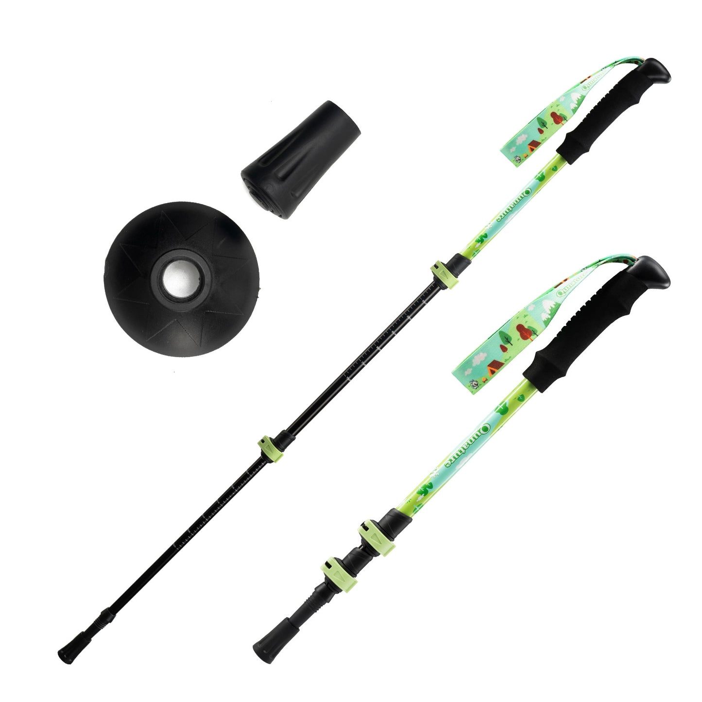 Two hiking poles with colorful straps on a white background