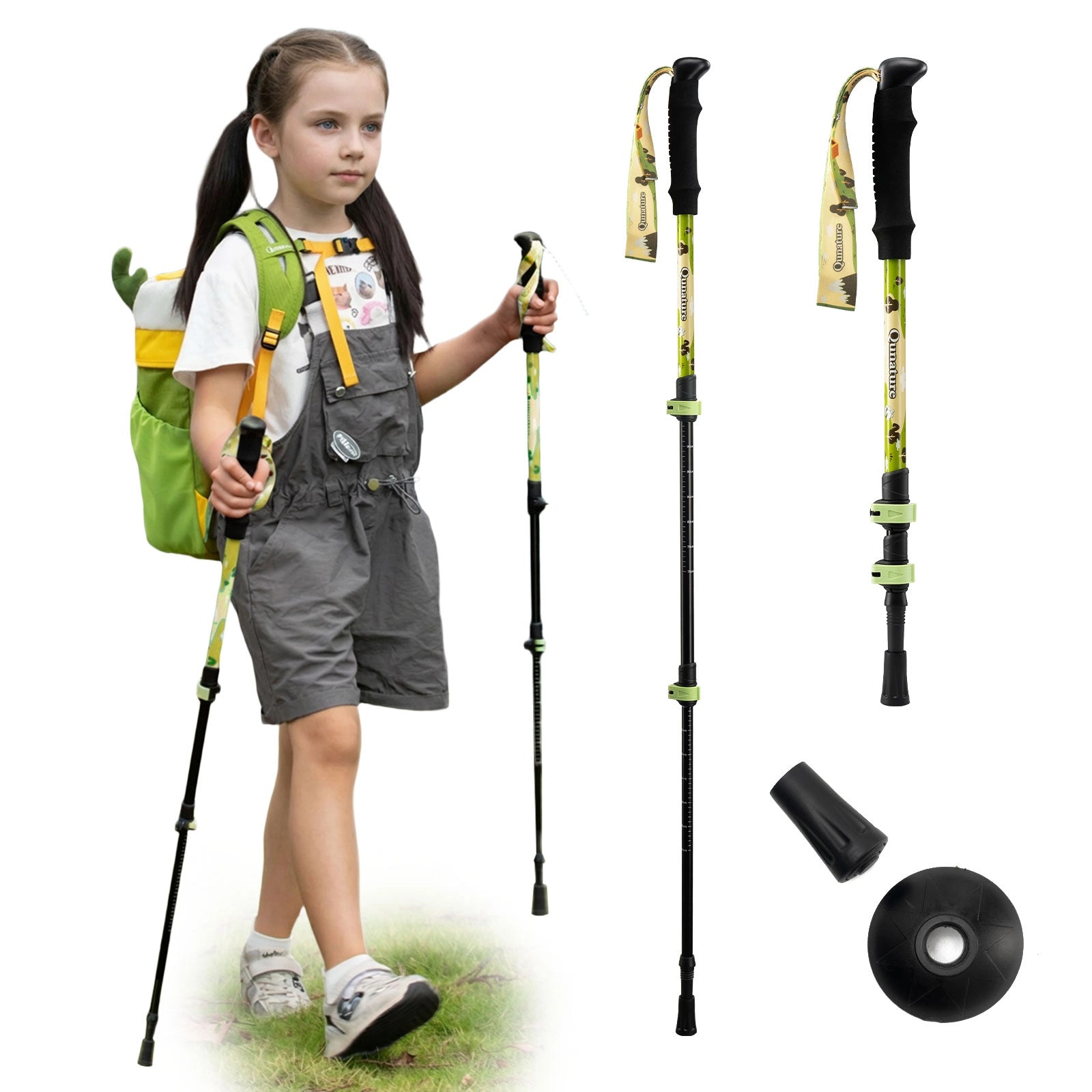 Child with hiking gear including a backpack, poles, and accessories on a white background