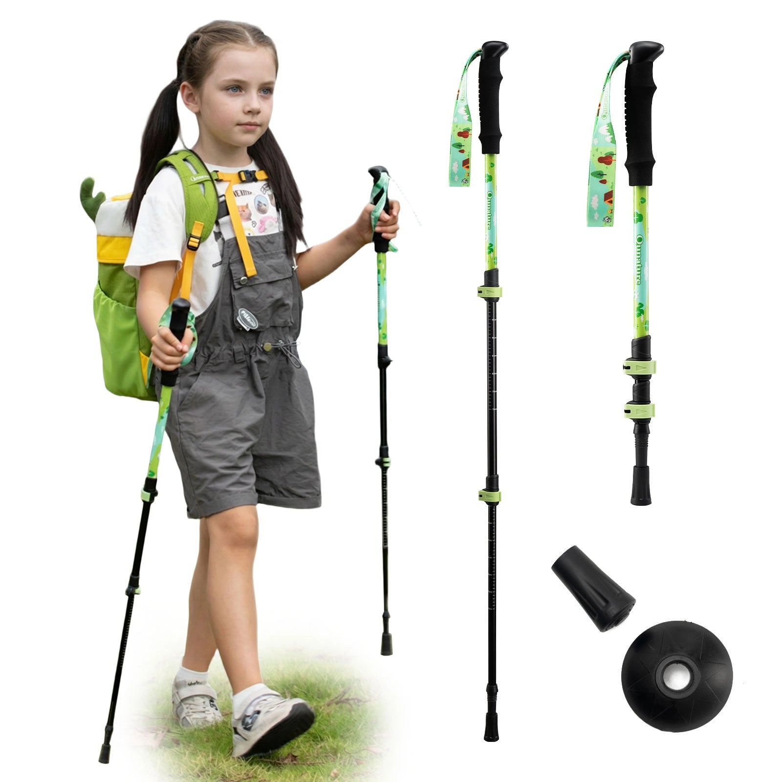 Child with hiking gear including a backpack, poles, and accessories on a white background