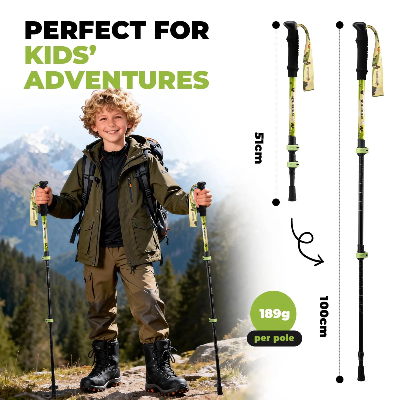 Child with hiking poles in a mountainous landscape, with product details on screen.