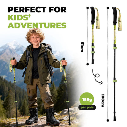 Child with hiking poles in a mountainous landscape, with product details on screen.