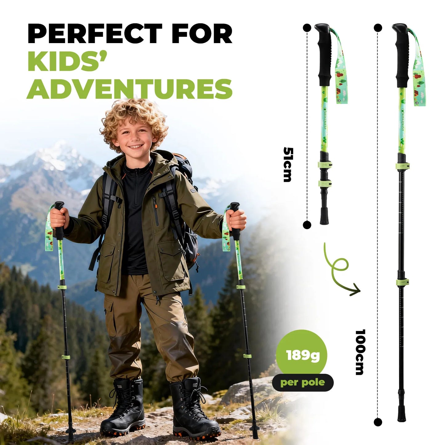 Child with hiking poles in a mountainous landscape, with product details on screen.